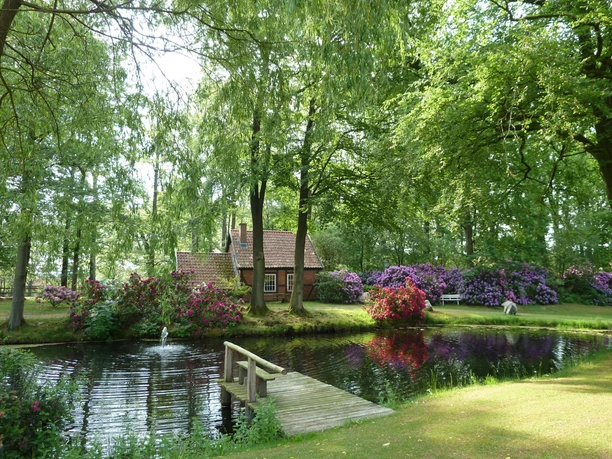 Der Teich.JPG Kleiner Teich mit Holzsteg in einem grünen Garten, umgeben von blühenden Rhododendronbüschen und hohen Bäumen. Im Hintergrund steht ein rotes Backsteinhaus mit Ziegeldach, das von Sonnenlicht durch das Blätterdach beleuchtet wird.