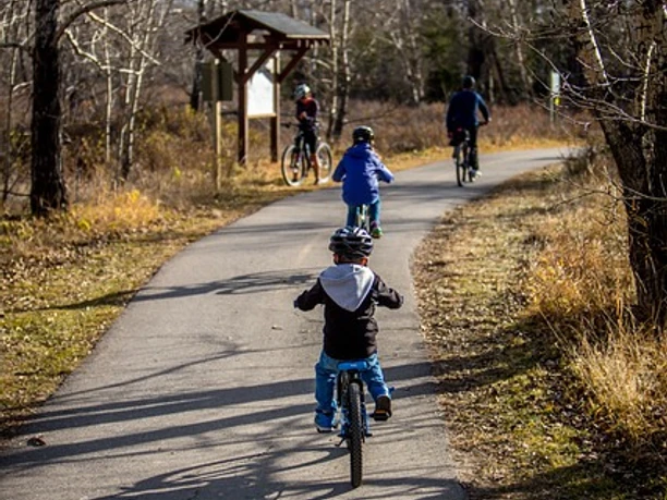 Mit der Familie durch Horn-Bad Meinberg radeln 3.jpg Mehrere Personen, darunter Kinder, radeln einen gepflasterten Weg entlang durch eine herbstliche Landschaft.