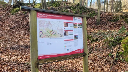 Wiehengebirge Eilhausen Wanderweg-Tafel im herbstlichen Laubwald des Wiehengebirges bei Eilhausen mit Infokarten.
