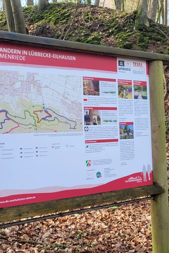 Wiehengebirge Eilhausen Wanderweg-Tafel im herbstlichen Laubwald des Wiehengebirges bei Eilhausen mit Infokarten.