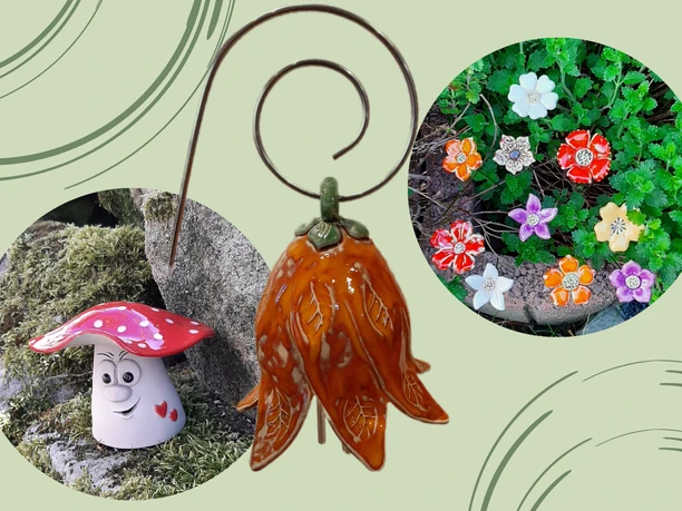 Ceramic decoration: A laughing mushroom with a red hat, an orange flower with a spiral and colorful flowers on a green background.