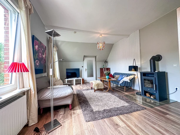 Helles Wohnzimmer mit blau-gestreiftem Sofa, Fernseher, Teppich und schwarzem Kaminofen.
