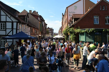 Eine belebte Altstadtstraße gesäumt von Fachwerkhäusern, voller Menschen an einem sonnigen Tag.