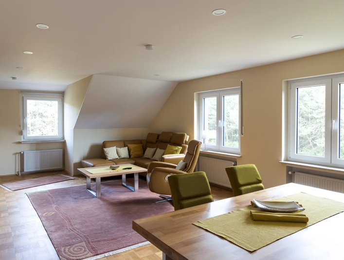 Modernes Wohn-Esszimmer mit gemütlicher Sitzecke, Holzmöbeln und großen Fenstern mit Gartenblick.