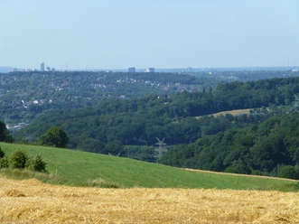 Weitblick auf das Ruhrgebiet Blick auf das Ruhrgebiet mit ausgedehnten Wäldern, Feldern und eine sich am Horizont erstreckende Skyline.
