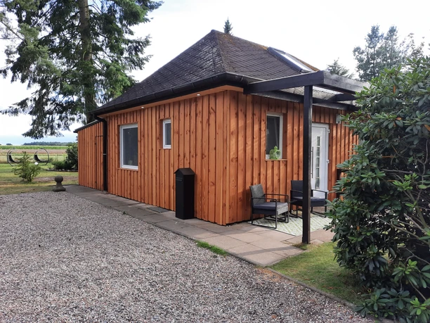 Wood-clad vacation home with steep roof, surrounded by trees and gravel path, invites you to relax.
