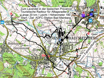 horn_bad_meinberg_karte_lavendel_touristisch_.PNG Karte von Horn-Bad Meinberg mit eingezeichneter Lavendel-Radtour, Start und Ziel sind markiert.
