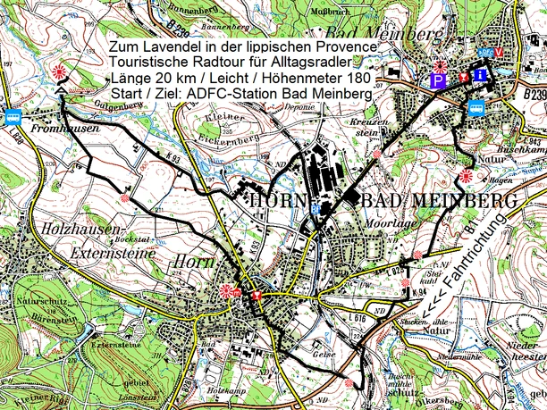 horn_bad_meinberg_karte_lavendel_touristisch_.PNG Karte von Horn-Bad Meinberg mit eingezeichneter Lavendel-Radtour, Start und Ziel sind markiert.