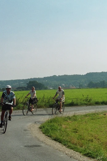 ADFC-Radeln-Gruppe.JPG Vier Radfahrer fahren auf einer asphaltierten Straße durch eine grüne, ländliche Landschaft.