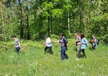 Herb walk Six people are walking through a green forest on a sunny day, each with a basket in their hands.