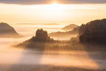 Zonsopgang boven met mist bedekte bergen met rotsen en bomen overgoten met warm, gouden licht.
