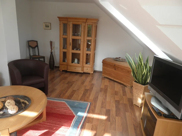 Wohnzimmer Helles Wohnzimmer mit Holzboden, Ledersessel, Glaspaneel-Schrank, Teppich und Flachbild-TV.