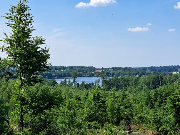 Bergischer Fuhrmannsweg Waldiger Ausblick auf den Brucher See in Marienheide unter blauem Himmel mit weißen Wolken.