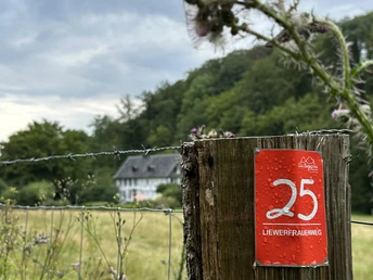 Markierungszeichen Ein rot-weißes Schild mit "25" und "Lieferfrauenweg", an einem Zaunpfosten auf einer grünen Wiese.