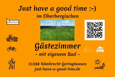 Visitenkarte Einladendes Werbeplakat für gemütliche Gästezimmer mit eigenem Bad im Oberbergischen, NRW.