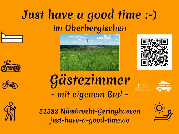 Visitenkarte Einladendes Werbeplakat für gemütliche Gästezimmer mit eigenem Bad im Oberbergischen, NRW.