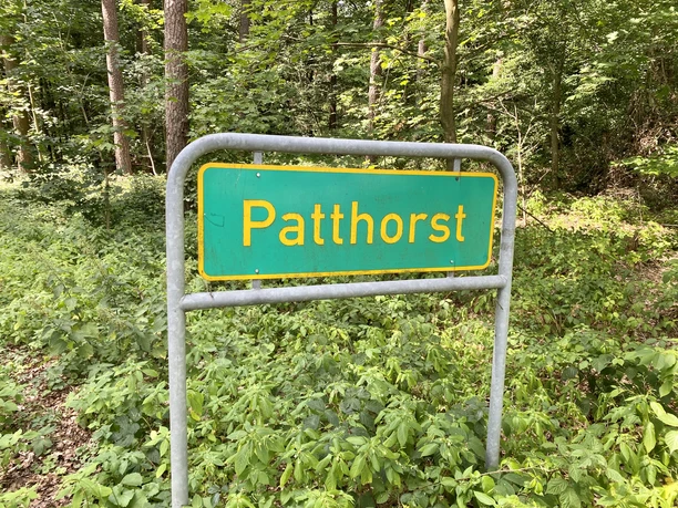 Patthorst.jpeg Ortsschild von Patthorst im Wald, umgeben von üppigem Grün und dichten Bäumen.