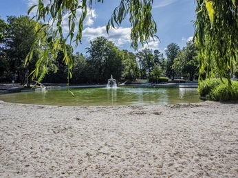 Waldbad 3 Ein ruhiger Teich mit Sandstrand im Vordergrund, umgeben von grünen Bäumen und blauem Himmel.