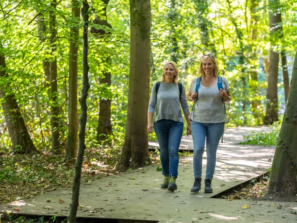 steinhagen-buergerpark-teutoburger-wald-tourismus-patrick-gawandtka-026-jpg.jpg Zwei Frauen wandern fröhlich auf einem Waldweg, umgeben von grünen Bäumen und strahlendem Sonnenschein.