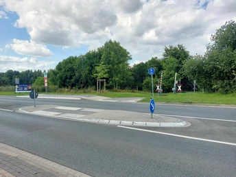 Fußgängerüberweg Braker Weg Fußgängerüberweg in grüner Umgebung nahtlos in die Straße integriert, umgeben von Bäumen.