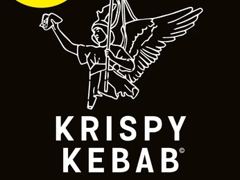Krispy_Schlossholte_Anzeige.png Logo von Krispy Kebab mit einem Engel, der Döner hält, auf schwarzem Hintergrund abgebildet.