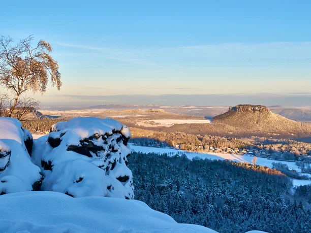 Besneeuwde rotsen en een kale boom op de voorgrond, met uitzicht op een winters, zonovergoten heuvellandschap onder een strakblauwe hemel.