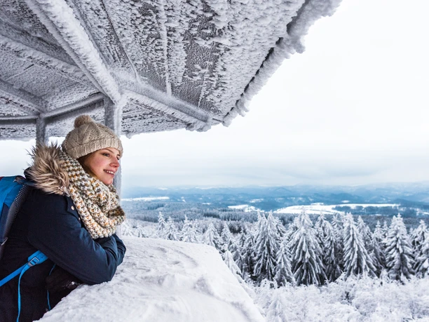 Woman in winter clothing with hat and scarf leaning against a snow-covered railing, smiling as she looks out over the snow-covered landscape and woods.