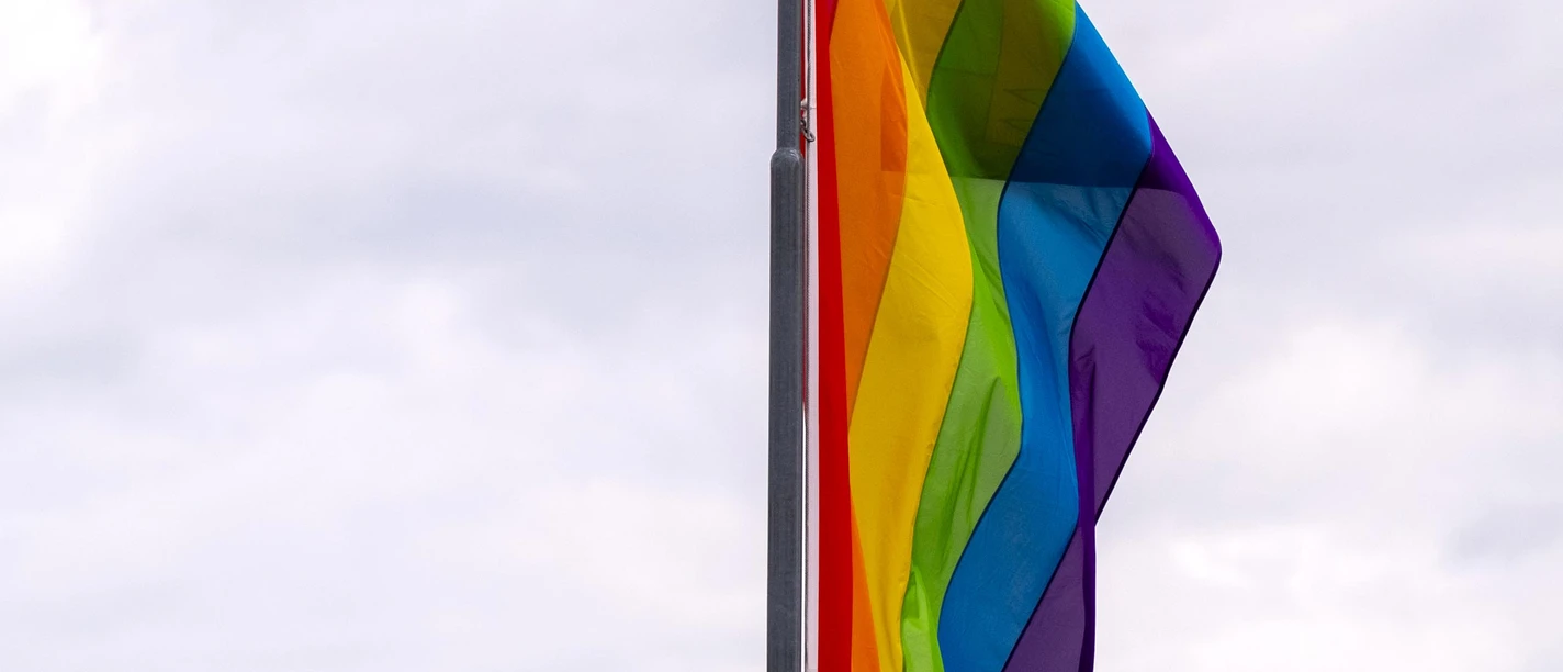 Cologne Pride Eine bunte Regenbogenflagge weht im Wind vor bewölktem Himmel.