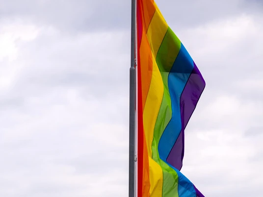 Cologne Pride Eine bunte Regenbogenflagge weht im Wind vor bewölktem Himmel.A colorful rainbow flag flies in the wind against a cloudy sky.