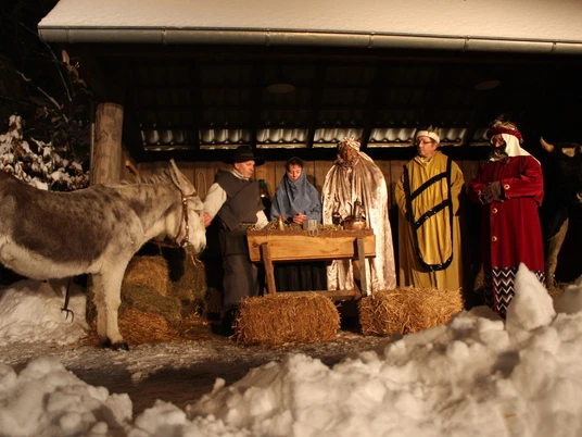 Weihnachtsgeschichte-Custom.jpg Weihnachtliche Krippenszene mit Darstellern in traditionellen Gewändern und einem Esel im Schnee.