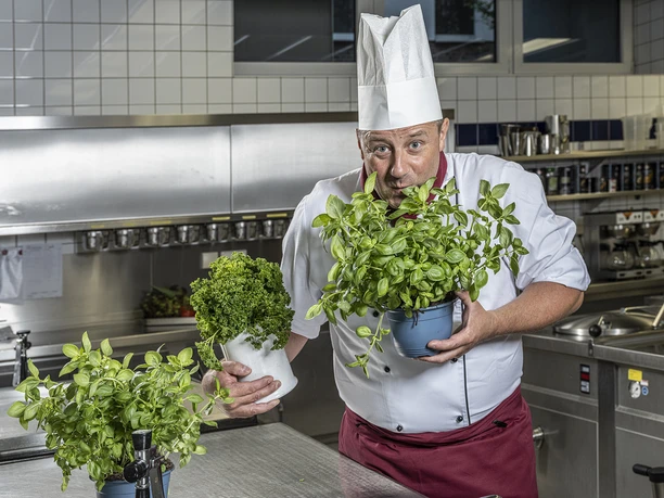 DSCF6525 Küche final.jpg Ein Koch in Uniform präsentiert stolz frische Kräutertöpfe in einer modernen Edelstahlküche.