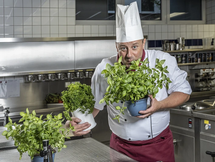 DSCF6525 Küche final.jpg Ein Koch in Uniform präsentiert stolz frische Kräutertöpfe in einer modernen Edelstahlküche.