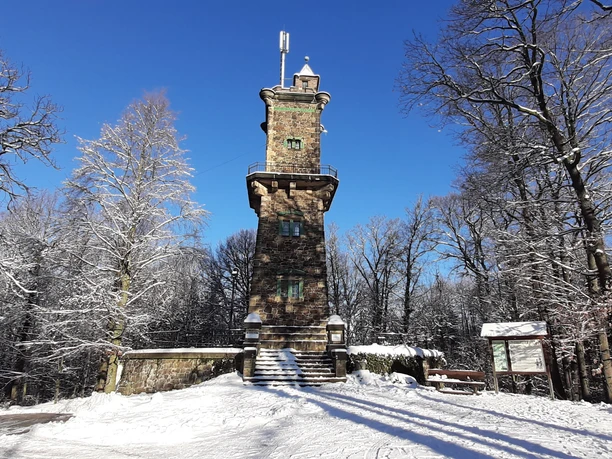 Ein steinerner Aussichtsturm im verschneiten Wald, umgeben von schneebedeckten Bäumen unter klarem, blauem Himmel.