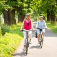 Zwei Frauen genießen eine Radtour durch eine schöne, dicht bewachsene Eichenallee