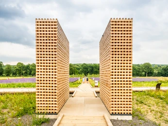 Hoexter-Landesgartenschaugelände Archeologiepark-Stadt Hoexter-D. Ketz-2023-373.jpg Holztor eines Archäologieparks in Höxter, flankiert von Blumenfeldern und bewaldeter Hintergrundlandschaft.