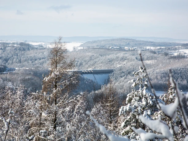 Ausblick Augustusberg zur Talsperre Winterliche Landschaft mit schneebedeckten Bäumen und Blick auf eine Talsperre in der Ferne.