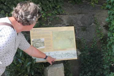 Eine Person zeigt auf eine Tafel mit Informationen und historischem Stadtmauerplan, umgeben von Efeu.