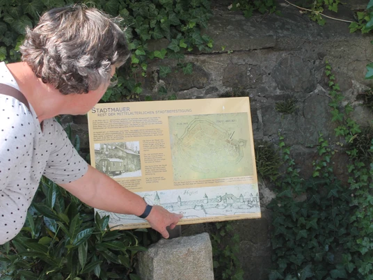 IMG_9714.JPG Eine Person zeigt auf eine Tafel mit Informationen und historischem Stadtmauerplan, umgeben von Efeu.