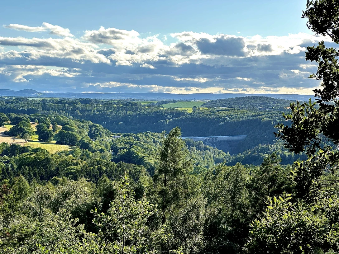 Aussicht vom Augustusberg auf die Talsperre Bad Gottleuba Blick auf eine grüne, hügelige Landschaft mit Wäldern und Feldern unter einem teils bewölkten Himmel; im Hintergrund ist ein Damm sichtbar.View of a green, hilly landscape with forests and fields under a partly cloudy sky; a dam is visible in the background.Pohled na zelenou kopcovitou krajinu s lesy a poli pod částečně zataženou oblohou; v pozadí je vidět přehrada.Widok zielonego, pagórkowatego krajobrazu z lasami i polami pod częściowo zachmurzonym niebem; w tle widoczna tama.Zicht op een groen, heuvelachtig landschap met bossen en velden onder een gedeeltelijk bewolkte hemel; op de achtergrond is een stuwdam zichtbaar.Veduta di un paesaggio collinare verde con foreste e campi sotto un cielo parzialmente nuvoloso; sullo sfondo è visibile una diga.