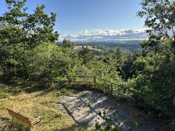 Aussichtpunkt Augustusberg Holzbank auf einem Hügel mit Blick auf eine grüne, bewaldete Landschaft unter blauem Himmel und vereinzelten Wolken.
