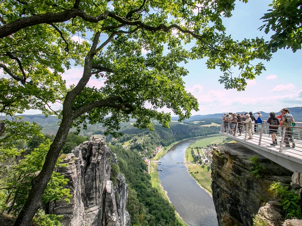Bastei view View from a platform of the Elbe and rock formations in the Bastei area in sunny weather.
