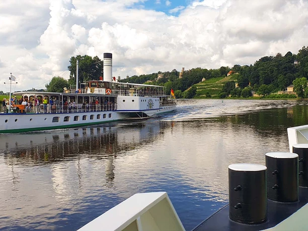 A historic paddle steamer crosses a tranquil river landscape with wooded banks.