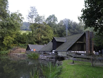 Abschlag am Oelchenshammer Historische Wassermühle an einem ruhigen Teich, umgeben von üppigem, grünem Wald.