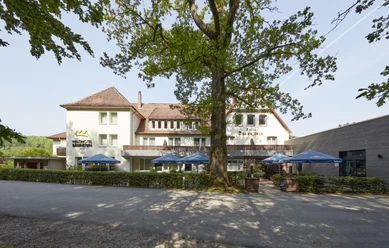 Das Waldhotel Bärenstein mit umgebenden Bäumen und Terrasse mit Sonnenschirmen bei Tageslicht.