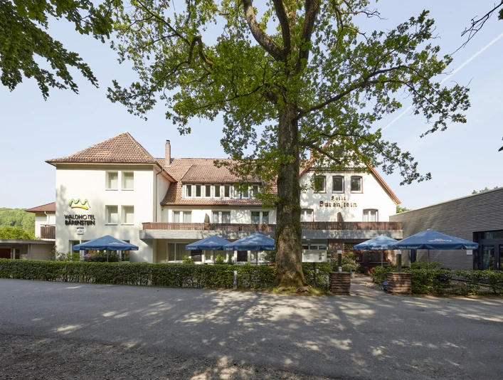 Das Waldhotel Bärenstein mit umgebenden Bäumen und Terrasse mit Sonnenschirmen bei Tageslicht.