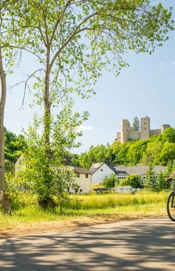 Nims-Radweg mit Burg Schönecken im Hintergrund