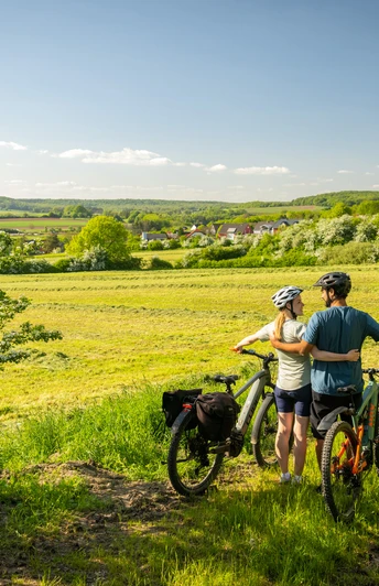 Ausblick in die südliche Eifel mit Streuobstwiesen, Nims-Radweg