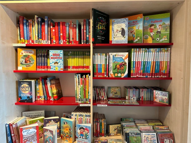 Buntes Regal voller Kinderbücher, Sachbücher und Hörspiele in der Hippolit-Bücherei.
