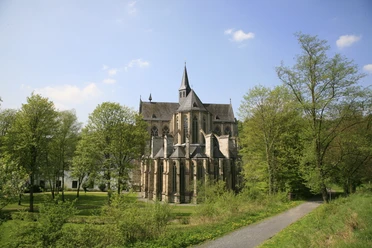 Altenberger Dom Gotische Kirche inmitten grüner Bäume bei sonnigem Wetter, gepflasterter Weg führt dorthin.