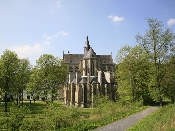Altenberger Dom Gotische Kirche inmitten grüner Bäume bei sonnigem Wetter, gepflasterter Weg führt dorthin.